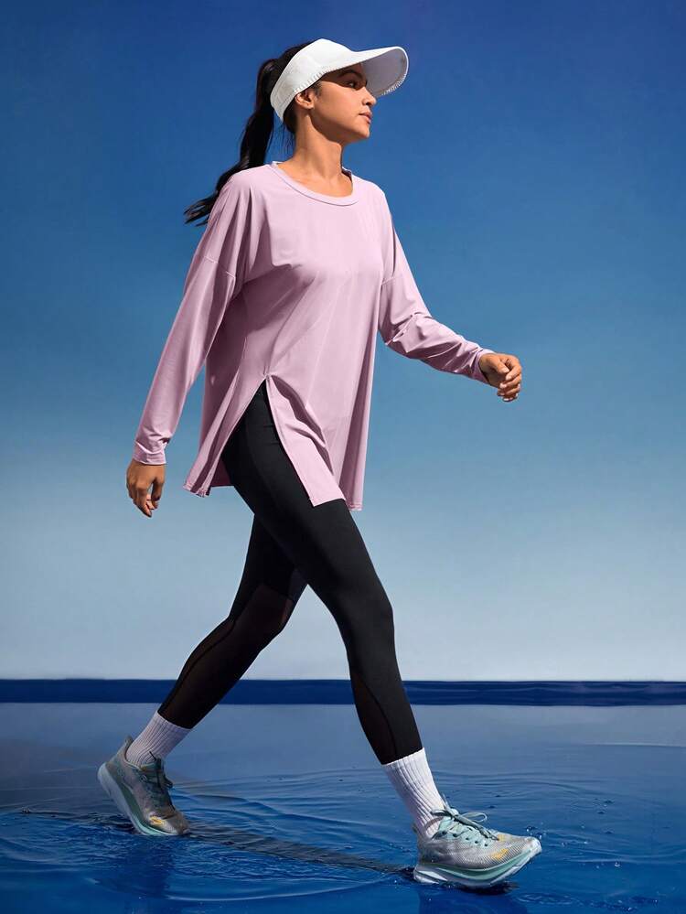 In My Nature Women Sports's Round Neck Long Sleeve Printed Casual Outdoor Top T-Shirt With Slit Plain T Shirt Hiking Women Clothes - Pink - View 7