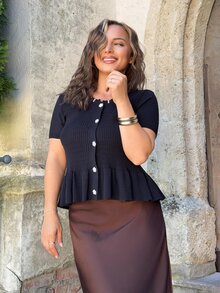 Jeta Ari Women's Black Summer Elegant Dining Short Sleeve Cardigan,Daily Round Neck Fitted Solid Color Top With Rhinestone & Pearl Button Decor,Ruffle Hem - Black - View 4