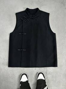 Manfinity Hypemode Men's Solid Color Frog Button Design Casual Vest - Black - View 3