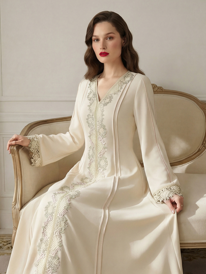Suri Mira Women's White Sequin Embroidered Dress,Modest V-Neck Long Sleeve Abaya,Arabic Kaftan,Turkish Robe For Autumn, Al-Adha,Party,Wedding Guest,Bridal