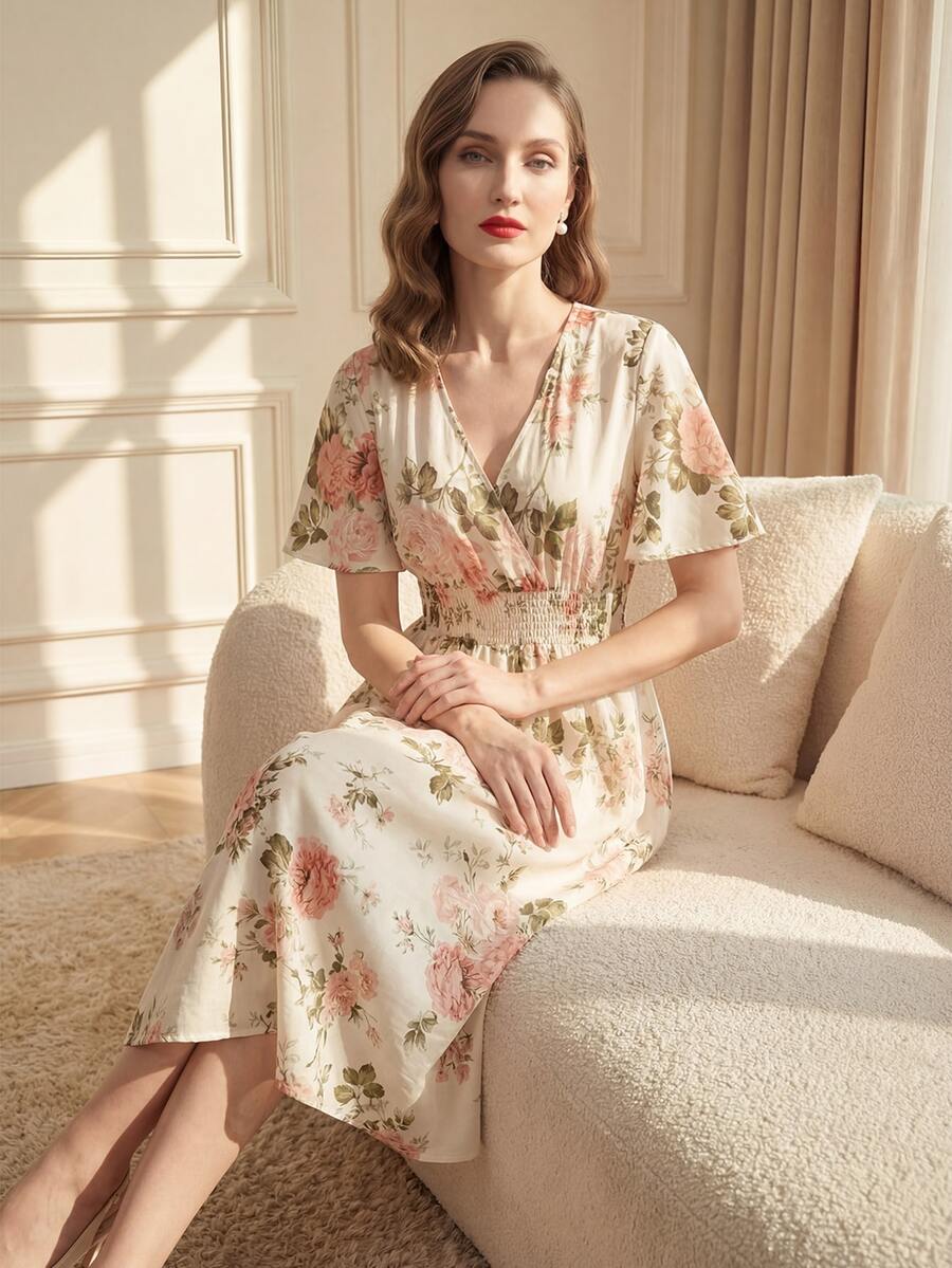 Suri Mira 休閒優雅女款浪漫花卉印花洋裝 米色 適合茶會、生日派對、晚宴、約會 秋冬穿著 - 杏色 - 查看 1