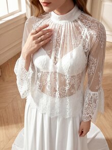Suri Mira Women's Mandarin Collar Raglan Sleeve Elegant Top,Elegant, Birthday Party Evening Dinner Party Date Winter/Autumn - White - View 4