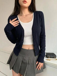 DAZY Drop Shoulder Button Up Cardigan,Long Sleeve Tops,Fall Clothes - Navy Blue - View 5