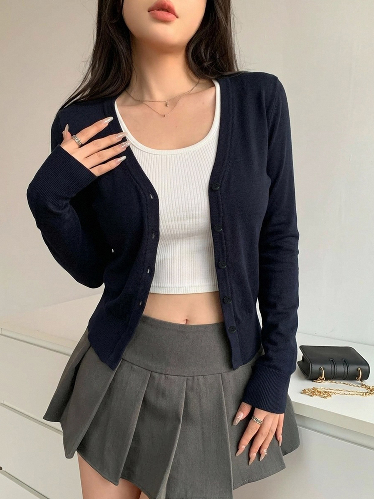 DAZY Drop Shoulder Button Up Cardigan,Long Sleeve Tops,Fall Clothes - Navy Blue - View 5