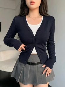 DAZY Drop Shoulder Button Up Cardigan,Long Sleeve Tops,Fall Clothes - Navy Blue - View 3