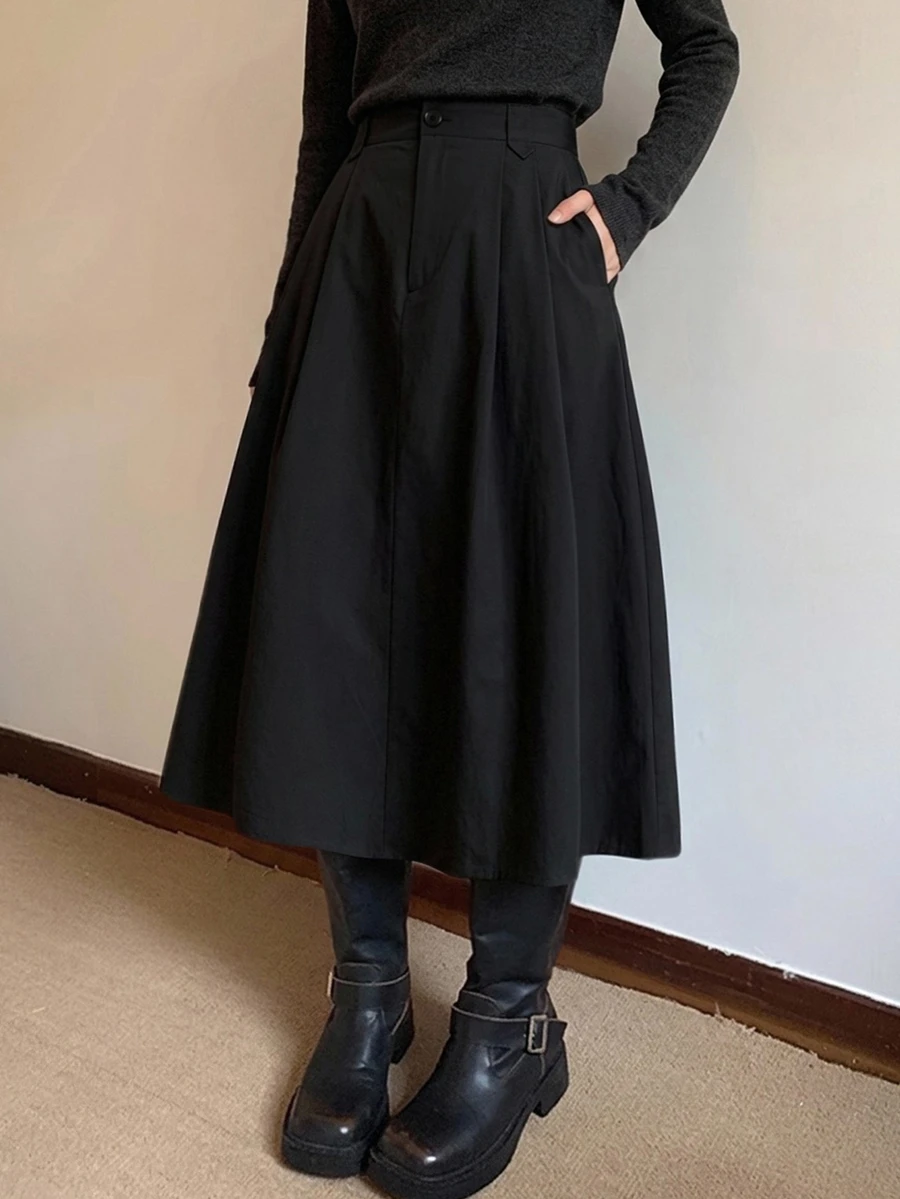 DAZY Plain Pocket Casual Black Skirt, Daily Wear - Black - View 1
