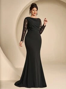 Coutiva Plus Size Women's Contrast Lace Long Sleeve Mermaid Hem Elegant Formal Evening Gown (Intricate Design) - Black - View 5