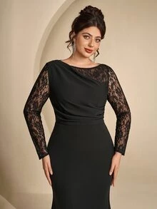 Coutiva Plus Size Women's Contrast Lace Long Sleeve Mermaid Hem Elegant Formal Evening Gown (Intricate Design) - Black - View 4