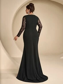 Coutiva Plus Size Women's Contrast Lace Long Sleeve Mermaid Hem Elegant Formal Evening Gown (Intricate Design) - Black - View 2