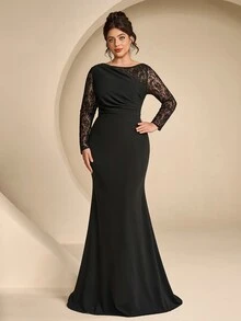 Coutiva Plus Size Women's Contrast Lace Long Sleeve Mermaid Hem Elegant Formal Evening Gown (Intricate Design) - Black - View 1