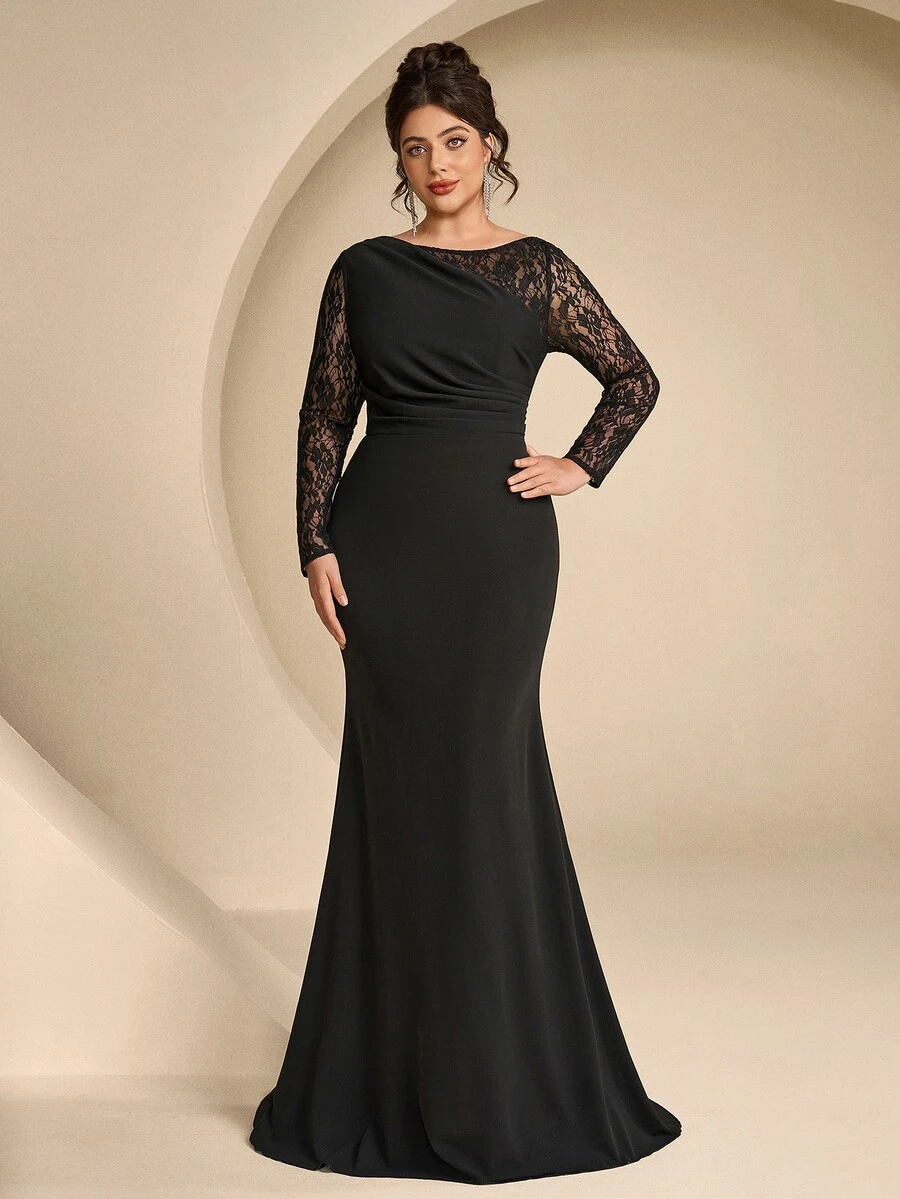 Coutiva Plus Size Women's Contrast Lace Long Sleeve Mermaid Hem Elegant Formal Evening Gown (Intricate Design) - Black - View 1