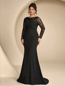 Coutiva Plus Size Women's Contrast Lace Long Sleeve Mermaid Hem Elegant Formal Evening Gown (Intricate Design) - Black - View 6