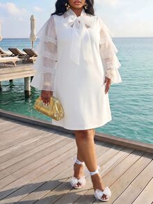 Slaydiva Plus Size Women Mini Dress, White Polka Dot Sheer Ruffle Sleeve Big Bow Party Shift Dress - White - View 9