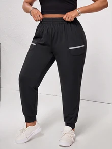 SHEIN Unity Women's Plus-Size Elastic-Waist Joggers – Black Loose Casual Pants With Reflective Strips And Pocket - Black - View 5