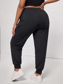 SHEIN Unity Women's Plus-Size Elastic-Waist Joggers – Black Loose Casual Pants With Reflective Strips And Pocket - Black - View 2