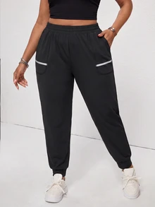 SHEIN Unity Women's Plus-Size Elastic-Waist Joggers – Black Loose Casual Pants With Reflective Strips And Pocket - Black - View 4