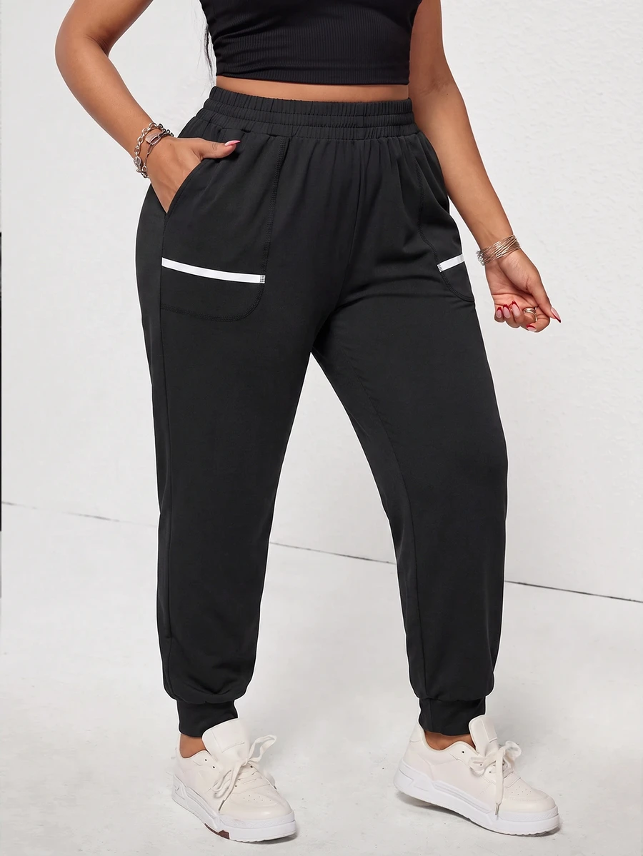 SHEIN Unity Women's Plus-Size Elastic-Waist Joggers – Black Loose Casual Pants With Reflective Strips And Pocket - Black - View 1