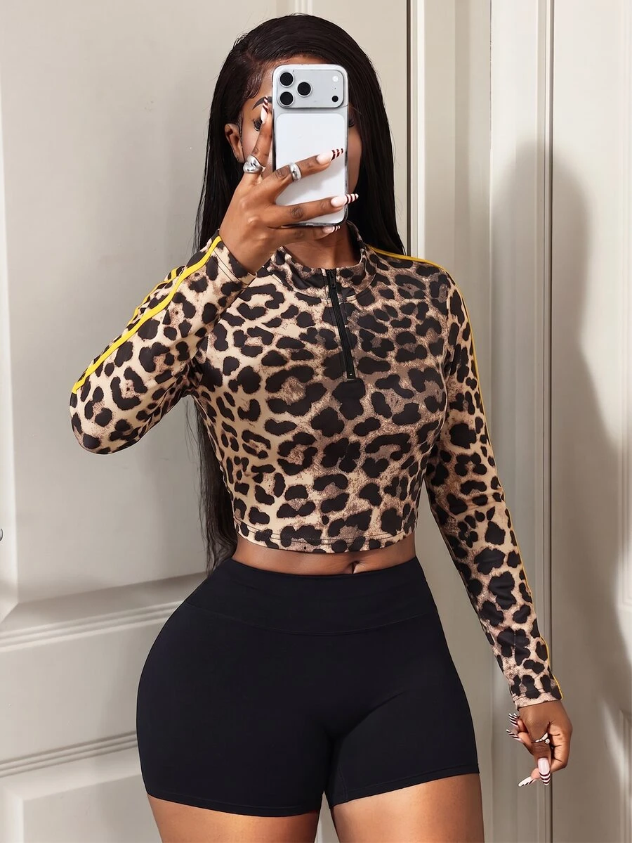 Core Rhythm Women's Leopard Print Zipper Half-Placket Cropped Sports Sweatshirt - Multicolor - View 1