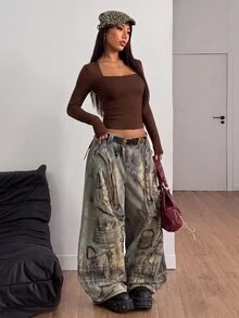 SHEIN HypeZone Kaos Olahraga Wanita Crop Berbulu Lengan Panjang - Coklat - View 5