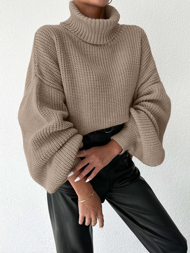 EURMUSE Women High Neck Off Shoulder Lantern Sleeve Knit Sweater, Autumn/Winter, Everyday Wear - Mocha Brown - View 3