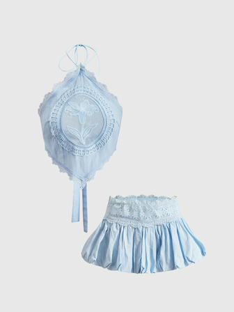 Kawaii Set da 2 pezzi da donna con canotta in pizzo idrosolubile e shorts a bocciolo, versatile per vacanze estive nel sud della Francia