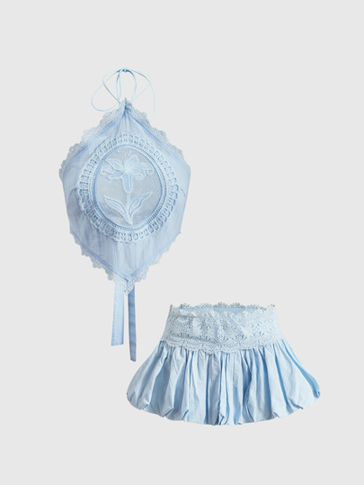 Kawaii Conjunto de 2 piezas de camisola y shorts tipo bud de encaje soluble en agua versátil para mujer, estilo vacaciones de verano en el sur de Francia