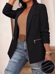 EMERY ROSE CURVE Plus Size Women's Autumn/Winter Unlined Thin Solid Black Elastic Textured Fabric Zipper Closure Ruched Sleeve Design Minimalist Fitted Fashion Blazer Jacket, Suitable For Office, Commute And Daily Wear - Black - View 3