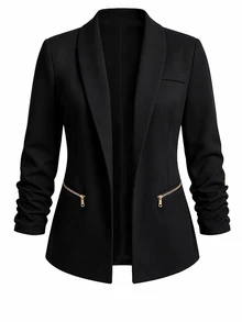 EMERY ROSE CURVE Plus Size Women's Autumn/Winter Unlined Thin Solid Black Elastic Textured Fabric Zipper Closure Ruched Sleeve Design Minimalist Fitted Fashion Blazer Jacket, Suitable For Office, Commute And Daily Wear - Black - View 10