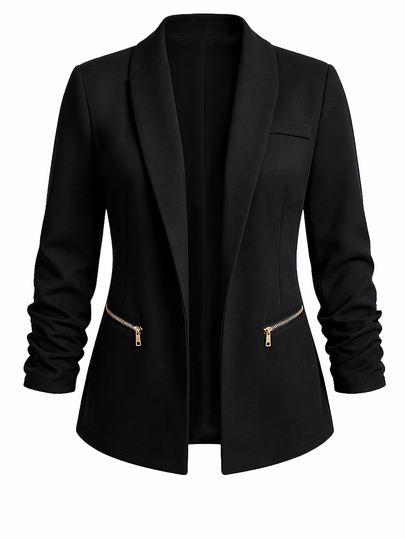 EMERY ROSE CURVE Plus Size Women's Autumn/Winter Unlined Thin Solid Black Elastic Textured Fabric Zipper Closure Ruched Sleeve Design Minimalist Fitted Fashion Blazer Jacket, Suitable For Office, Commute And Daily Wear