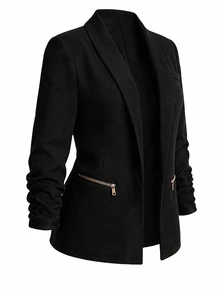 EMERY ROSE CURVE Plus Size Women's Autumn/Winter Unlined Thin Solid Black Elastic Textured Fabric Zipper Closure Ruched Sleeve Design Minimalist Fitted Fashion Blazer Jacket, Suitable For Office, Commute And Daily Wear - Black - View 8