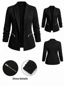 EMERY ROSE CURVE Plus Size Women's Autumn/Winter Unlined Thin Solid Black Elastic Textured Fabric Zipper Closure Ruched Sleeve Design Minimalist Fitted Fashion Blazer Jacket, Suitable For Office, Commute And Daily Wear - Black - View 9