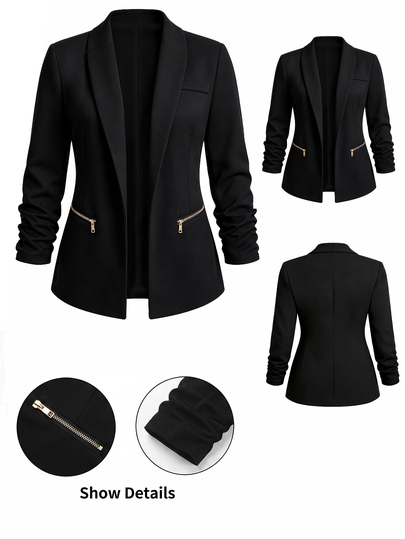 EMERY ROSE CURVE Plus Size Women's Autumn/Winter Unlined Thin Solid Black Elastic Textured Fabric Zipper Closure Ruched Sleeve Design Minimalist Fitted Fashion Blazer Jacket, Suitable For Office, Commute And Daily Wear