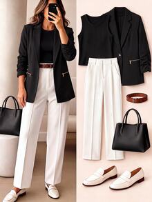 EMERY ROSE CURVE Plus Size Women's Autumn/Winter Unlined Thin Solid Black Elastic Textured Fabric Zipper Closure Ruched Sleeve Design Minimalist Fitted Fashion Blazer Jacket, Suitable For Office, Commute And Daily Wear - Black - View 6