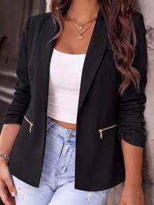 EMERY ROSE CURVE Plus Size Women's Autumn/Winter Unlined Thin Solid Black Elastic Textured Fabric Zipper Closure Ruched Sleeve Design Minimalist Fitted Fashion Blazer Jacket, Suitable For Office, Commute And Daily Wear - Black - View 1