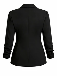EMERY ROSE CURVE Plus Size Women's Autumn/Winter Unlined Thin Solid Black Elastic Textured Fabric Zipper Closure Ruched Sleeve Design Minimalist Fitted Fashion Blazer Jacket, Suitable For Office, Commute And Daily Wear - Black - View 2