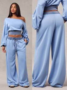 Radiana American Retro Gray-Blue Contrast Color Washed Distressed Sweatpants, Street Casual Low Waist Wide Leg Loose Extra Long Pants - Blue - View 1