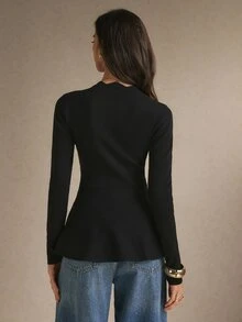 Poéselle Women's Black Scalloped Neck Peplum Sweater, Elegant Long Sleeve Waist-Cinching Knit Top, Going Out Top, Casual,Work Outfit, Fall Winter - Black - View 11