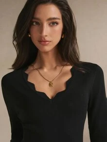 Poéselle Women's Black Scalloped Neck Peplum Sweater, Elegant Long Sleeve Waist-Cinching Knit Top, Going Out Top, Casual,Work Outfit, Fall Winter - Black - View 4