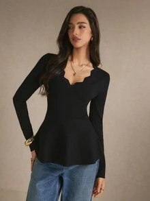 Poéselle Women's Black Scalloped Neck Peplum Sweater, Elegant Long Sleeve Waist-Cinching Knit Top, Going Out Top, Casual,Work Outfit, Fall Winter - Black - View 10