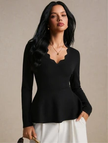 Poéselle Women's Black Scalloped Neck Peplum Sweater, Elegant Long Sleeve Waist-Cinching Knit Top, Going Out Top, Casual,Work Outfit, Fall Winter - Black - View 2