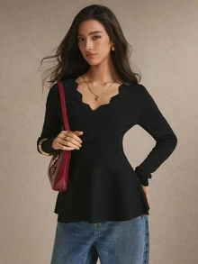 Poéselle Women's Black Scalloped Neck Peplum Sweater, Elegant Long Sleeve Waist-Cinching Knit Top, Going Out Top, Casual,Work Outfit, Fall Winter - Black - View 6