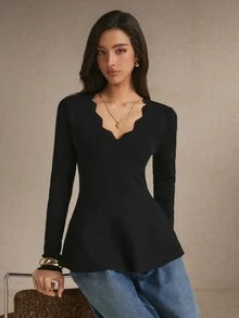 Poéselle Women's Black Scalloped Neck Peplum Sweater, Elegant Long Sleeve Waist-Cinching Knit Top, Going Out Top, Casual,Work Outfit, Fall Winter - Black - View 8