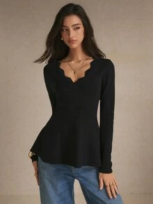 Poéselle Women's Black Scalloped Neck Peplum Sweater, Elegant Long Sleeve Waist-Cinching Knit Top, Going Out Top, Casual,Work Outfit, Fall Winter - Black - View 5