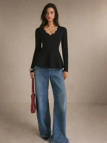Poéselle Women's Black Scalloped Neck Peplum Sweater, Elegant Long Sleeve Waist-Cinching Knit Top, Going Out Top, Casual,Work Outfit, Fall Winter - Black - View 9
