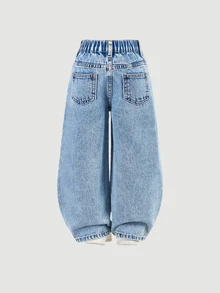 SHEIN Y2K Style Light Blue Denim Casual Animal Print Pattern Loose Fit Straight Leg Jeans, Versatile For Daily Wear, Parties, Back To School Autumn Fall - Light Wash - View 3