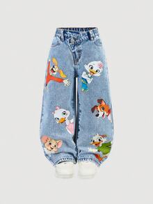 SHEIN Y2K Style Light Blue Denim Casual Animal Print Pattern Loose Fit Straight Leg Jeans, Versatile For Daily Wear, Parties, Back To School Autumn Fall - Light Wash - View 2