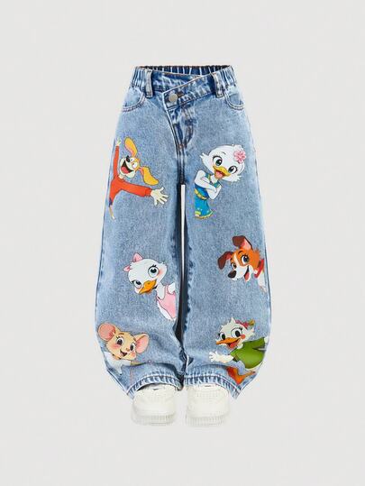 SHEIN Y2K Style Light Blue Denim Casual Animal Print Pattern Loose Fit Straight Leg Jeans, Versatile For Daily Wear, Parties, Back To School Autumn Fall