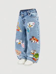 SHEIN Y2K Style Light Blue Denim Casual Animal Print Pattern Loose Fit Straight Leg Jeans, Versatile For Daily Wear, Parties, Back To School Autumn Fall - Light Wash - View 4
