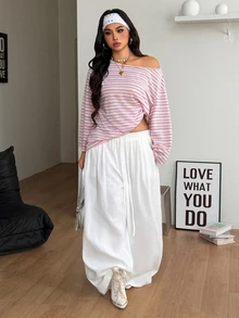 Coolane 女款大尺碼秋冬街頭風 Y2K 休閒優雅寬鬆粉白條紋不對稱領針織露肩長袖 T-shirt - 粉色 - 查看 2
