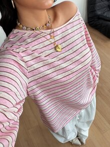 Coolane 女款大尺碼秋冬街頭風 Y2K 休閒優雅寬鬆粉白條紋不對稱領針織露肩長袖 T-shirt - 粉色 - 查看 7